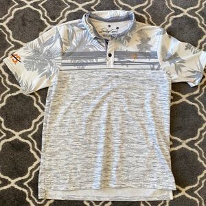 Sunday Crew golf polo Sz XL grey, white, orange UV50 protection tropical print